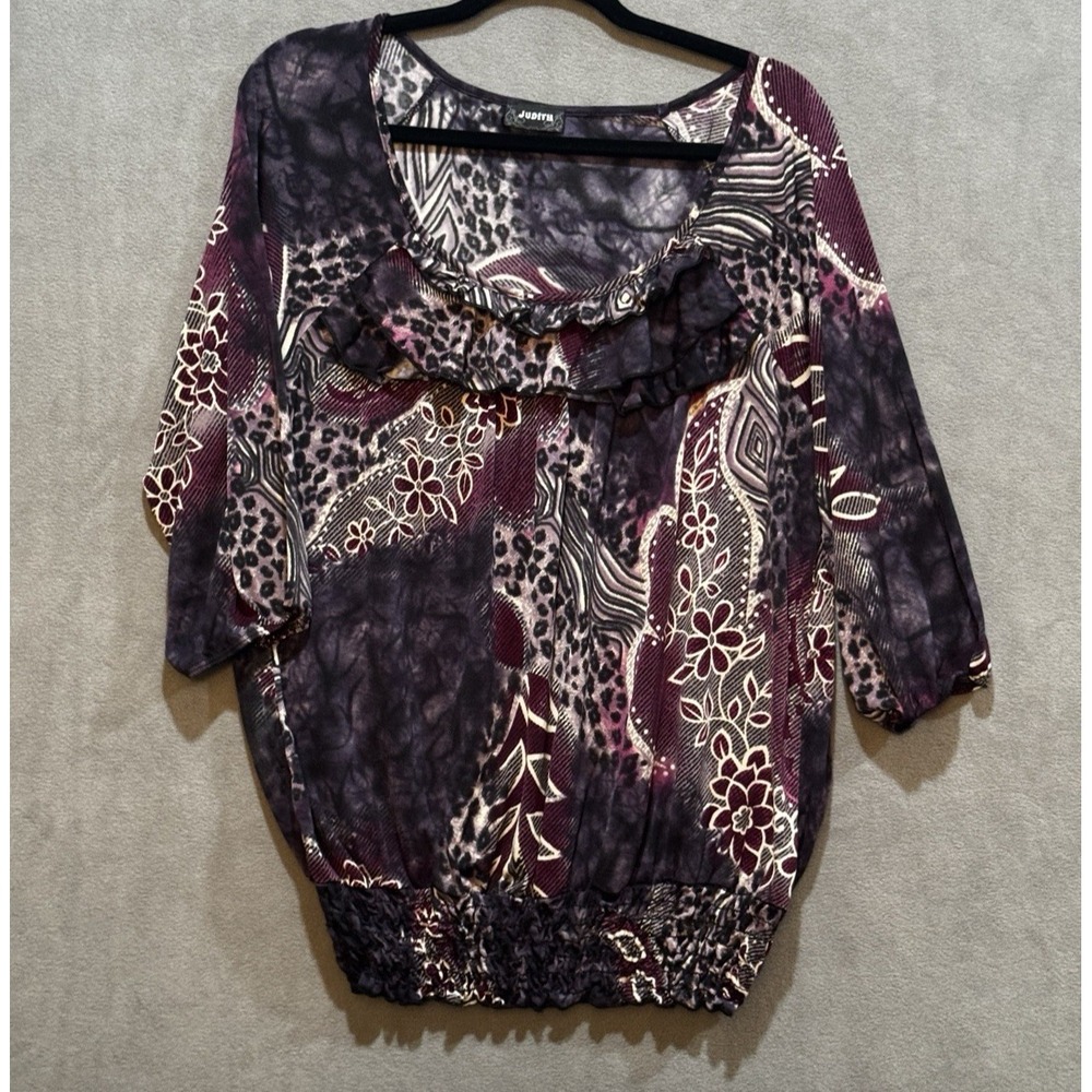 Judith Womens Purple Mixed‎ Print Ruffle Smocked Hem Blouse 3/4 Sleeve Top